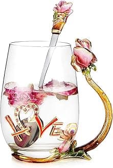 Luka Tech Valentines Day Gifts For Her Wife, flower Glass Coffee Mugs Tea Cup with Steel Spoon, Birthday Gifts For Women Mom Friends Mothers Day Christmas
