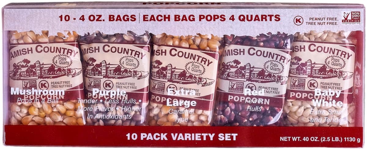 Amish Country Popcorn | 4 Ounce Variety Kernel Gift Set (10 Pack Assorted) | Old Fashioned, Non-GMO and Gluten Free (4oz Each, 10ct Total)