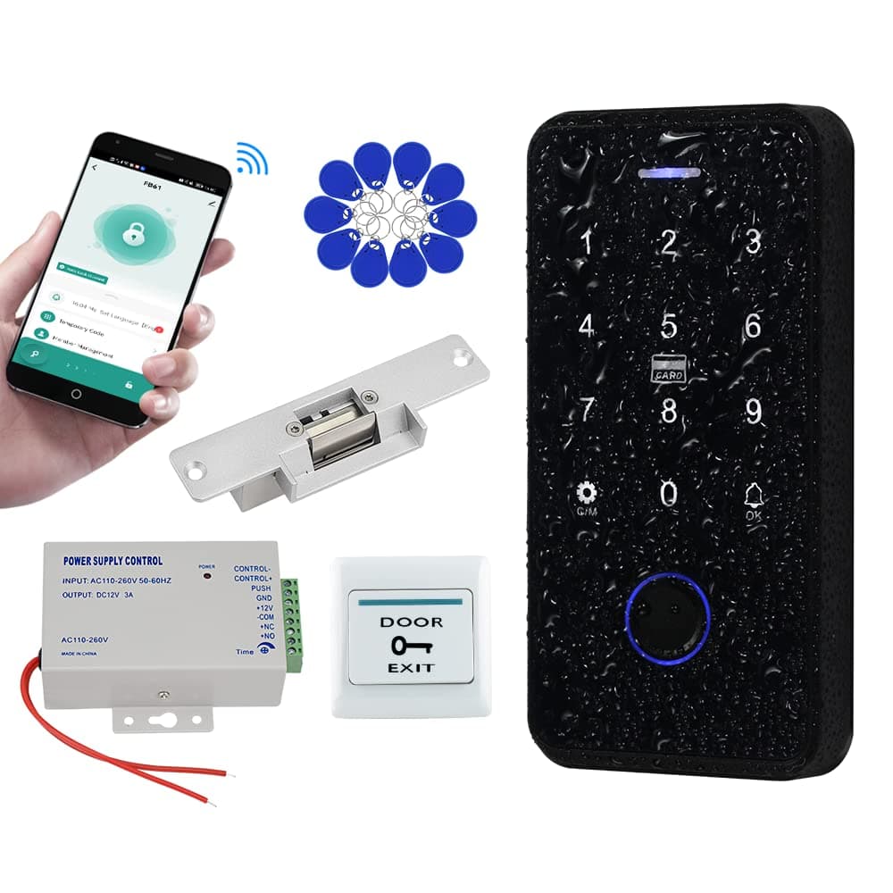Bluetooth Tuya Access Control System Kit IP68 Outdoor Waterproof Fingerprint RFID Keyboard + NC Fail Safe Electric Strike Locks + DC12V Power Supply + 10pcs 13.56MHz Keyfobs