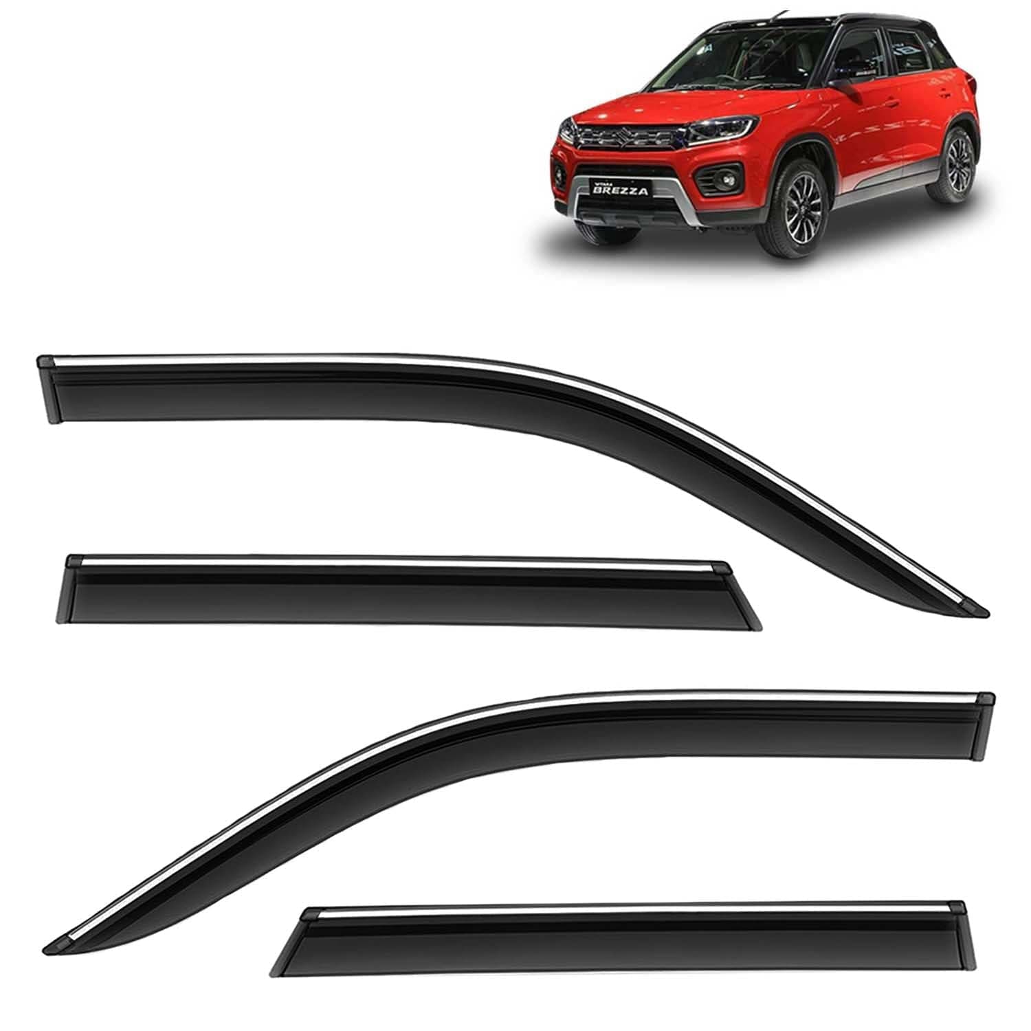 - KINGSWAY Accessories Chrome Lining Door Visor Only Compatible with Maruti Suzuki Vitara Brezza (Year 2020 to 2022), Premium Chromeline Unbreakable Car Rain Guard Side Rear Wind Deflectors, Pack of 4