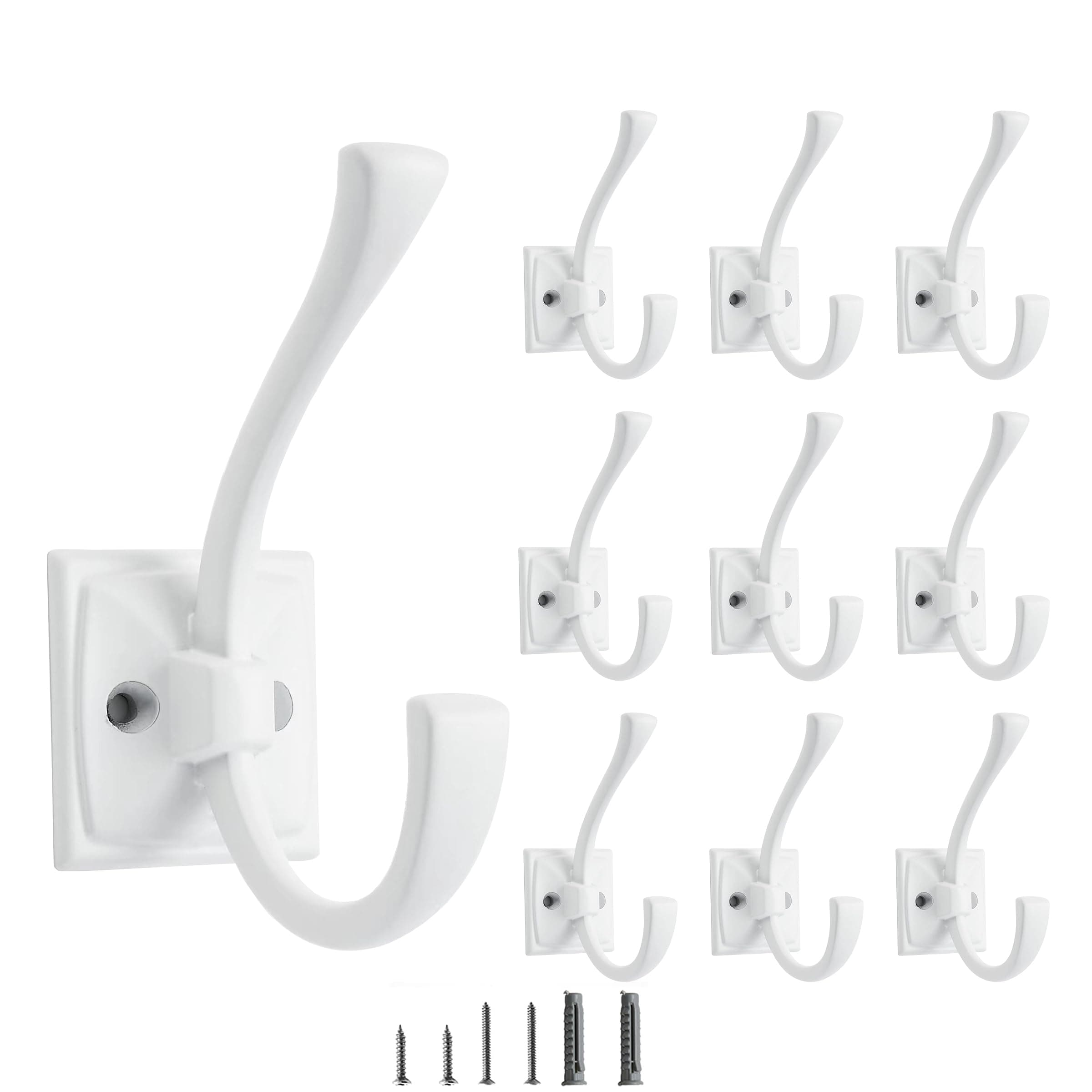 10 Pack Decorative Heavy Duty Towel Hooks for Hanging Robe Double White Coat Hooks Wall Mounted with Screws for Key, Towel, Bags, Cup, Hat