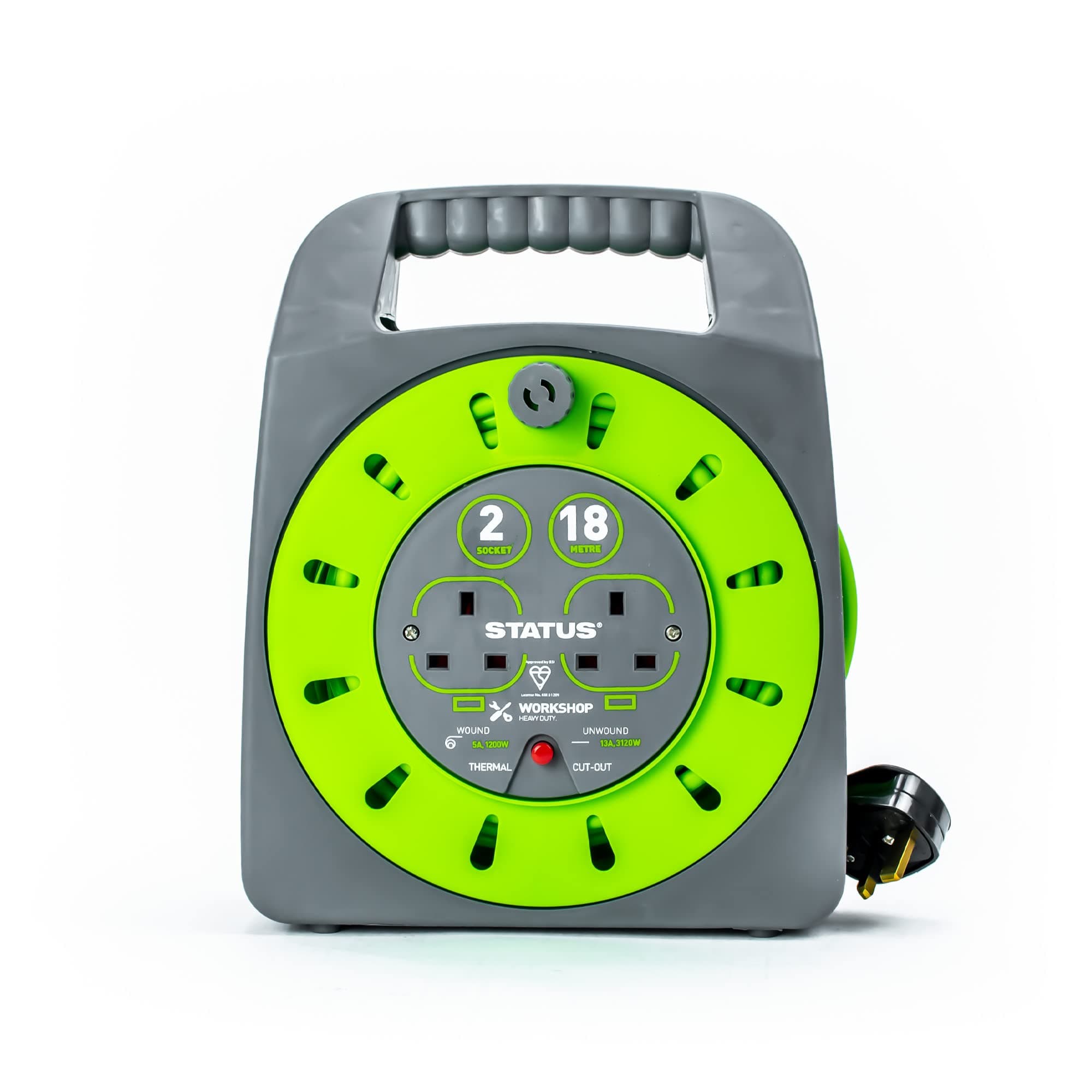 STATUS 2 Socket Cable Reel, 18m, Green Extension Lead, 13 Amp, Thermal Cut Out, Heavy Duty, Outdoor Power Supply, Ideal for Garden, Workshop, DIY, Power Tools (S18M2G13ACR4)