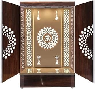 Sharvgun Wooden Temple Brown LED Light for Home and Office|Puja Mandir|Wall Hanging & Table Top Designer Mandir with Doors (60X32X18 in)