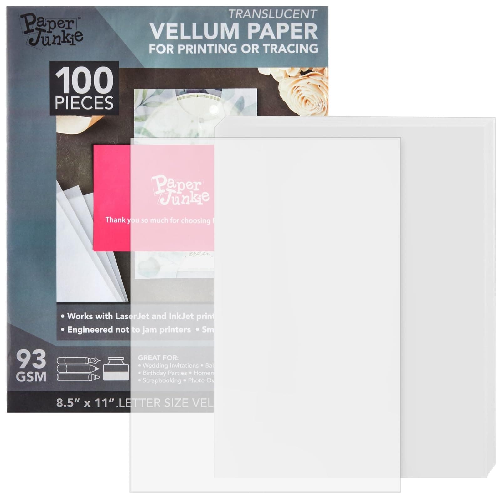 100 Sheets Printable Translucent Vellum Paper, Tracing Paper for Invitation, Sketching, 93gsm (8.5 x 11 in)