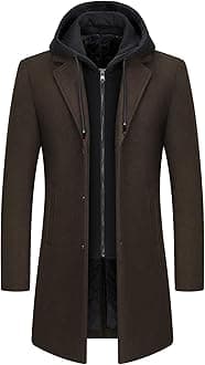 KUDMOL Mens Wool Trench Coat Solid Casual Padded Outdoor Overcoat Long hooded Warm Coat Jacket
