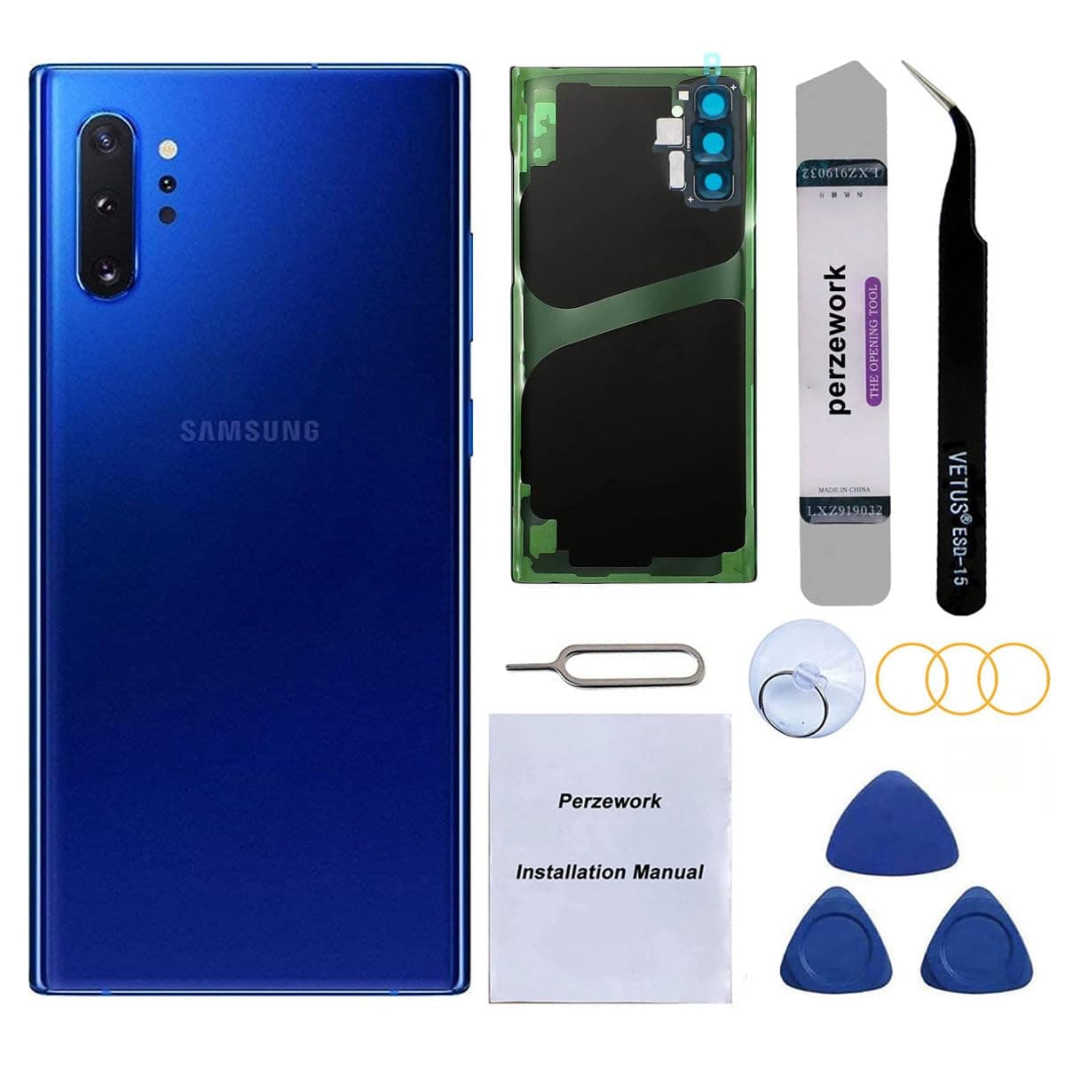 OEM Rear Back Glass Replacement for Samsung Galaxy Note 10+ Plus 6.8 inches 5G with Reparing Toolkit and Pre-Installed Adhesive (Aura Blue)