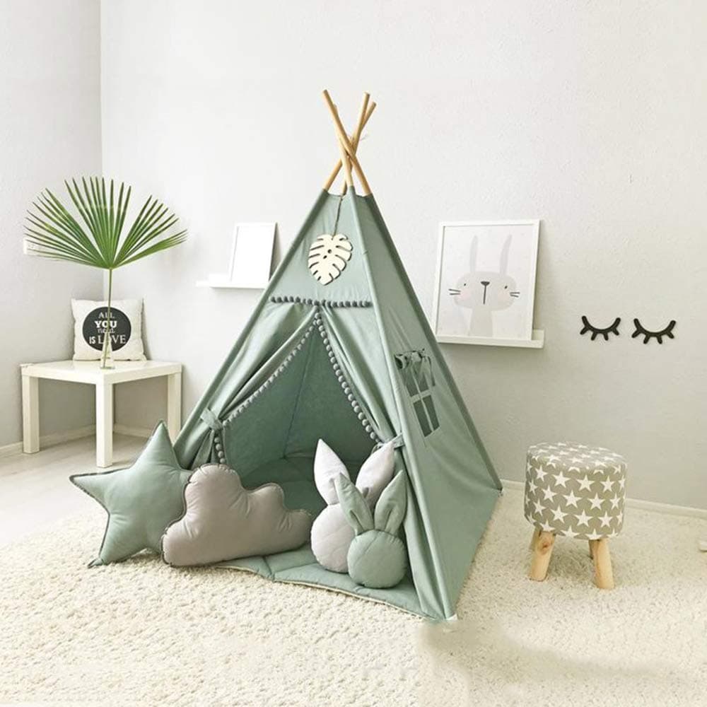 Kids Teepee Tent with White Pom Pom - Indoor Play Teepee for Children Boys Portable Play House (Jewelry Blue)