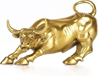 7.8" L Gold Brass Wall Street Bull Statue Sculpture Stock Market Charging Bull Art Office Decor Gift