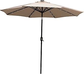 Sunnydaze 9 ft Outdoor Patio Umbrella with Solar Lights - Polyester LED Table Market Umbrella with Push-Button Tilt and Crank - Beige