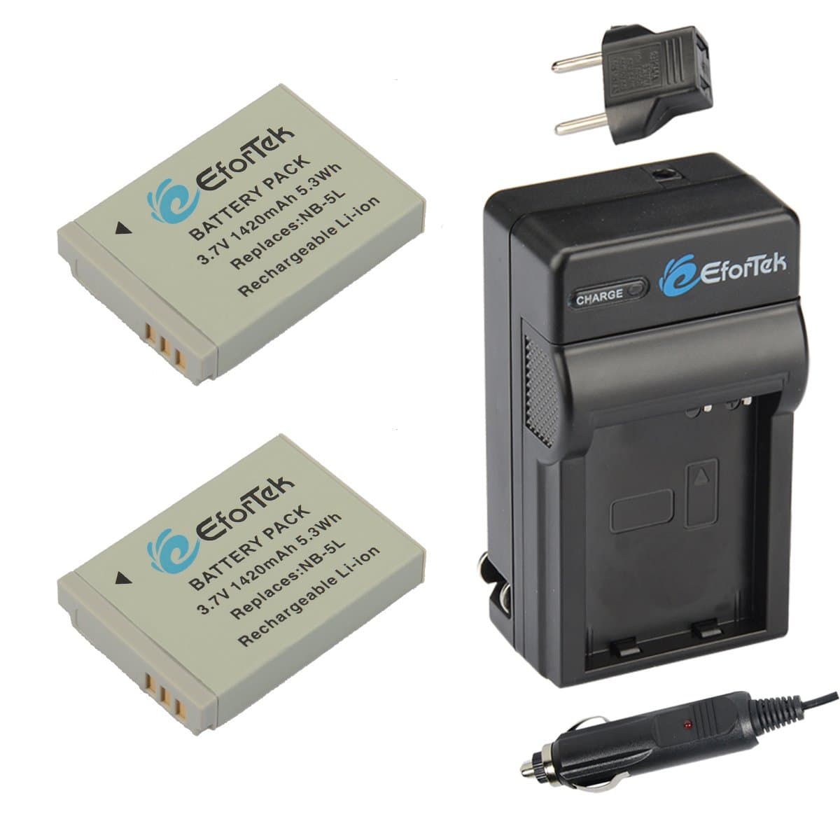 NB-5L Replacement Battery (2-Pack) and Charger Kit for Canon NB-5L and Canon PowerShot S100, S110, SD700 IS, SD790 IS, SD800 IS, SD850 IS, SD870 IS, SD880 IS, SD890 IS, SD900 IS, SD950 IS, SD970 IS, SD990 IS, SX200 IS, SX210 IS, SX220 IS, SX230 HS