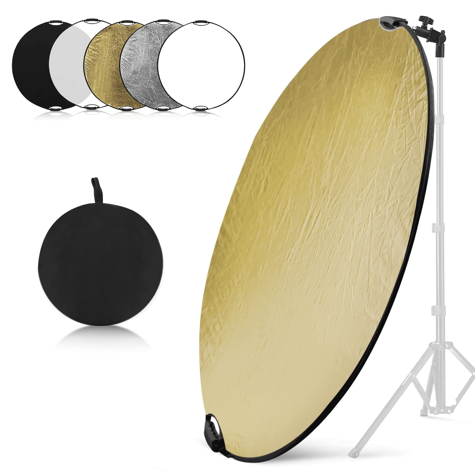 WELLMAKING43Inches/110cm Photography Reflector, Portable Foldable 5 in 1 Diffuser Reflector Reflectors with Bag & tilt adapter for Studio & outdoor Lighting-Translucent, Silver, Gold, White and Black