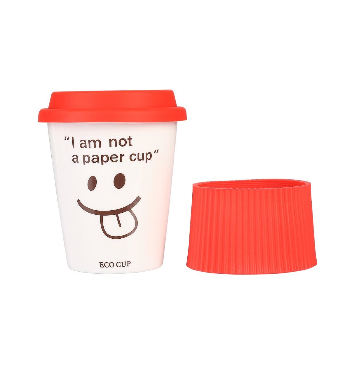 Magician Eco Cup - "I am not a paper cup" Ceramic Funny Travel Mug With Silicone Lid & Sleeve, Tea and Coffee Mug with Cute Lovely Face (8oz 240ml Red)