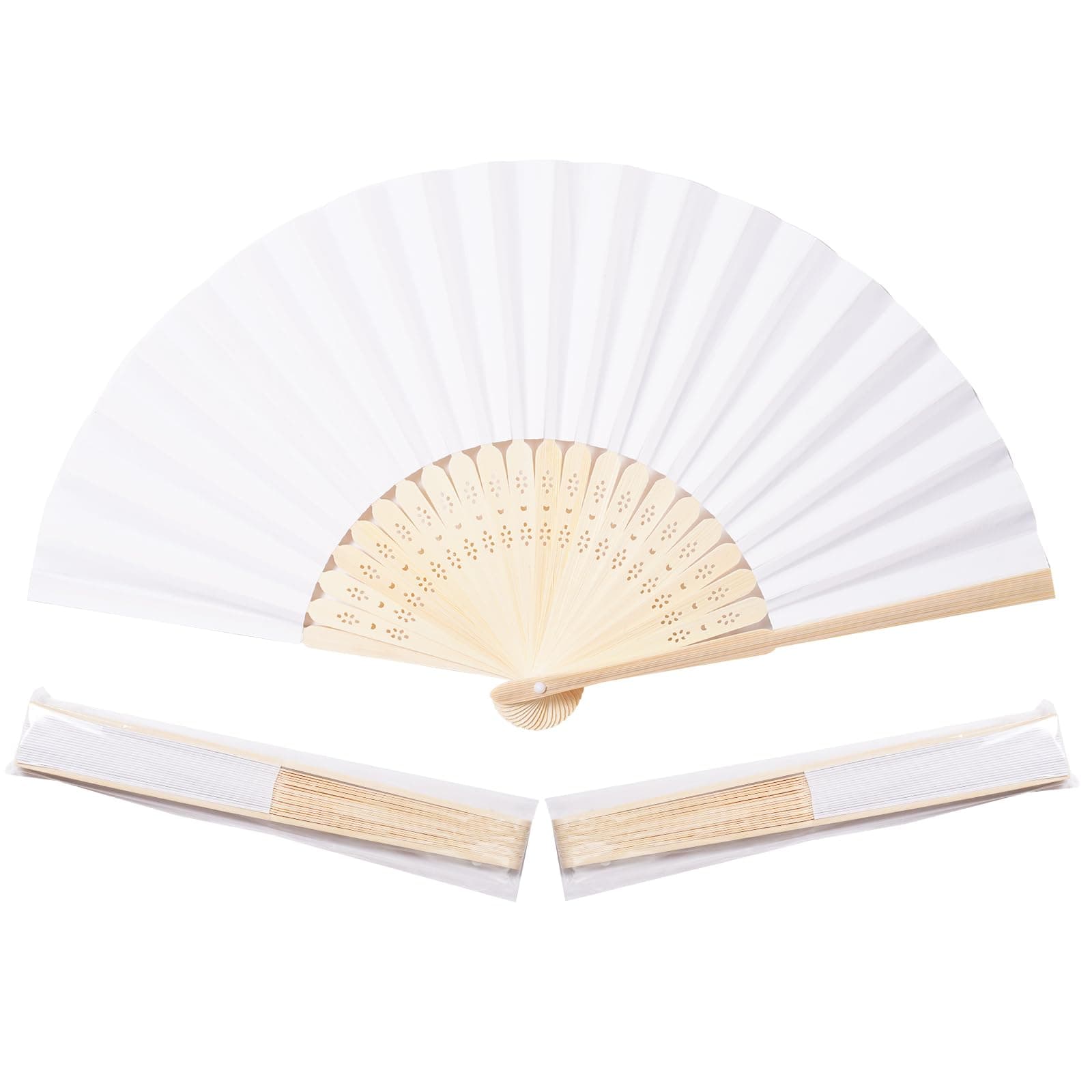 50pcs White Paper Hand Fan White Bamboo Folding Fan Handheld Fans Paper Folded Fan for Wedding Party and Home Decoration