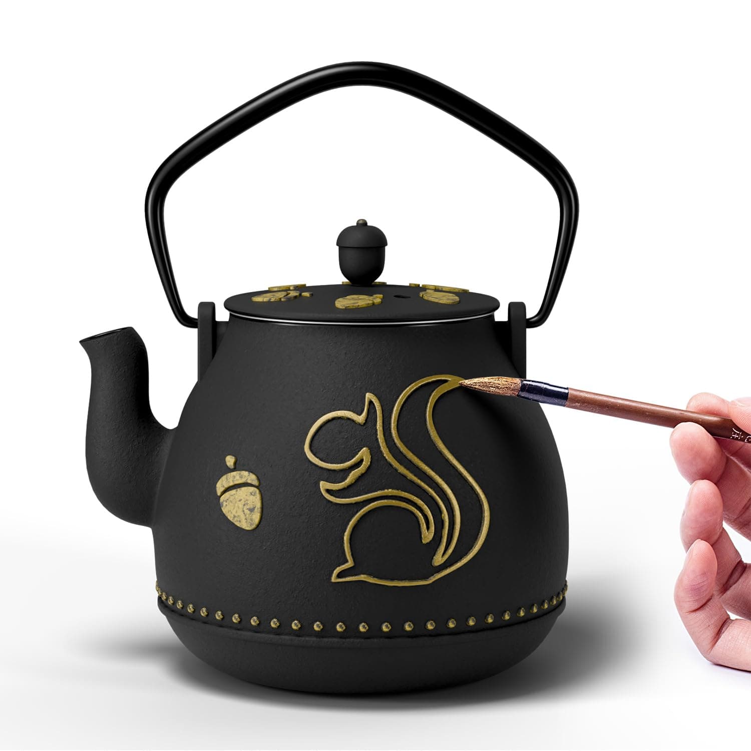 Toptier Teapot with Removable Infuser, Cast Iron Tea Kettle Stovetop Safe, Squirrel Design Tea Pot Coated with Enameled Interior for 32 Ounce (950 ml), Black