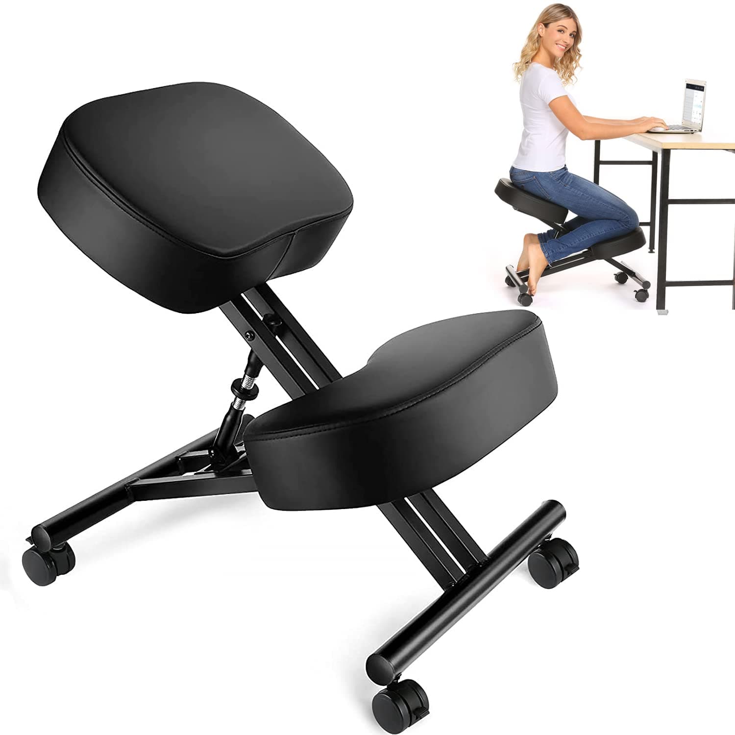 Ergonomic Kneeling Chair Adjustable Stool for Home and Office - Designed for Relieving Back and Neck Pain & Improving Posture - Thick Comfortable Cushions