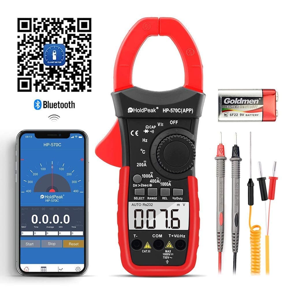 Digital Clamp Meter Voltage Tester,HOLDPEAK HP-570C-APP Multimeter with Amp Ohm Tester,4000 Counts Multimeter with AC/DC Voltage AC/DC Current,Resistance,Diode Test,Temperature,Capacitance Tester
