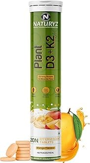 100% Plant Vitamin D3 K2 | Veg Vitamin D3 Supplement Lichen Source with Vitamin K2 MK7 Menaquinone | Supports Stronger Immunity | Bone & Heart Health for Men & Women (Mango Flavour)-20 Tablets