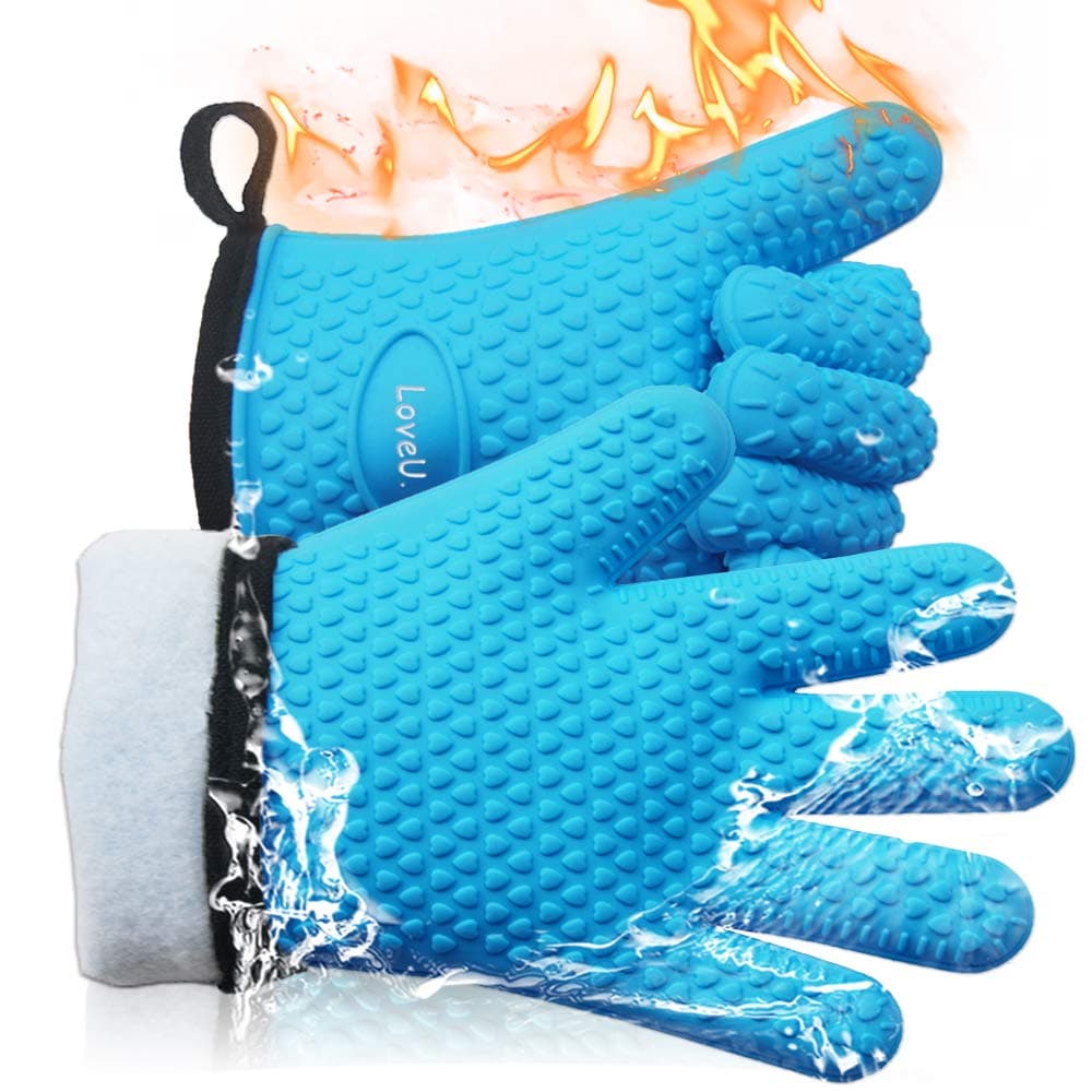 Kitchen Oven Gloves - Dual-Layer Heat Resistant Grilling Gloves, Silicone Oven Mitts with 5 Fingers, Waterproof Non-Slip Pot Holder for Barbecue, Cooking, Baking (XL-XXXL, Blue)
