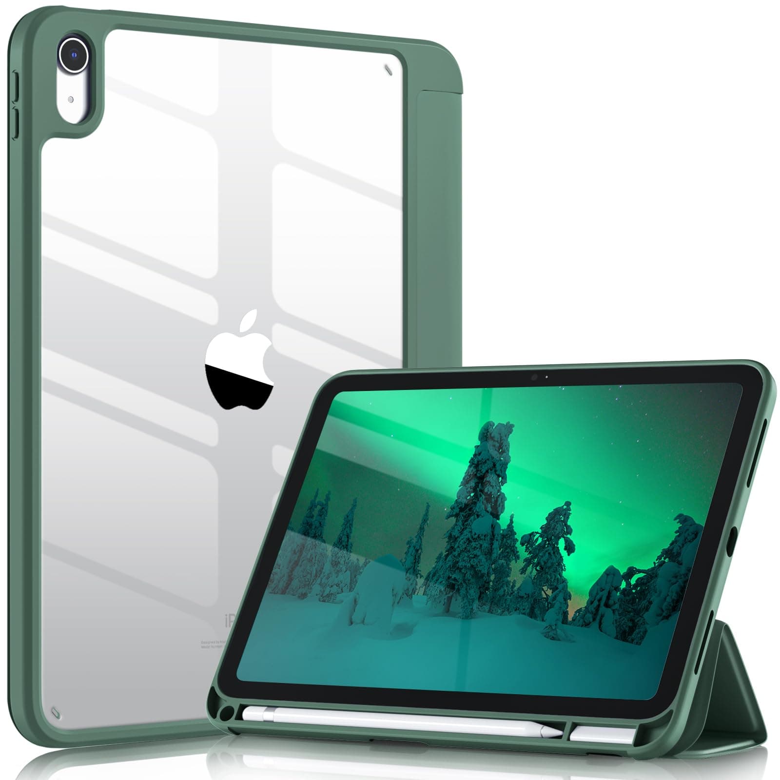Wenlaty Compatible with iPad (A16) 11th Generation Case 11 Inch 2025, for iPad 10th Generation Case 10.9 Inch 2022 with Pencil Holder, Trifold Stand Protective Clear Back, Auto Wake/Sleep, Pine Green