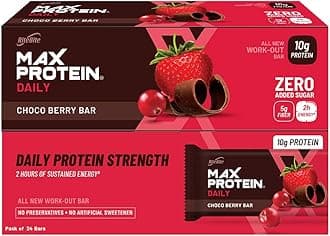 RiteBite Max Protein Daily Choco Berry Protein Bars with 10g Protein, 5g Fiber & 21 Vit. & Minerals | 0 Added Sugar, No Cholesterol & Trans Fat For Upto 2h of Energy, Healthy Snack, 50g (Pack of 24)