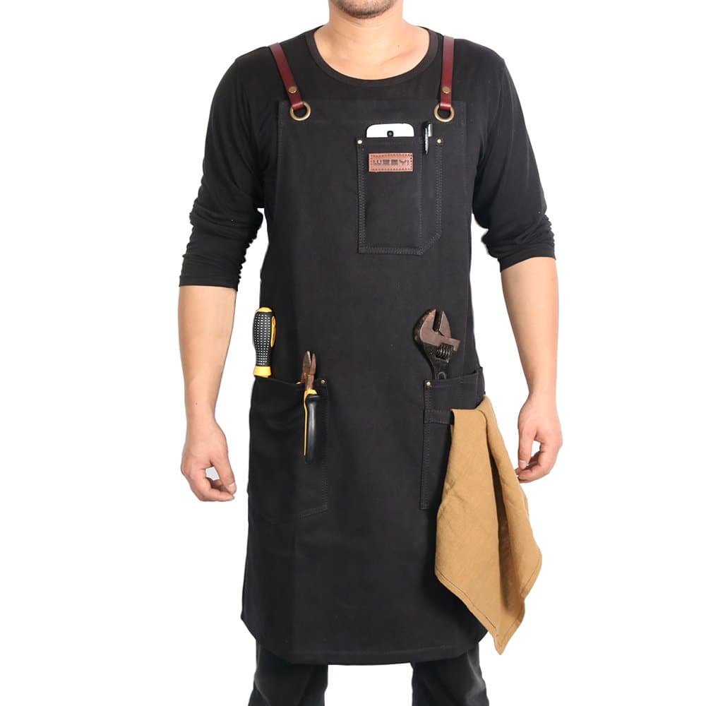 Canvas Work Shop Apron Waterdrop Resistant Cross Back Genuine Leather Strap With Towel Loop Fits Small to XXL for Men and Women (Black)