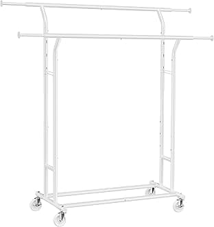 SONGMICS Clothes Rail, Double Clothes Rack on Wheels, Extendable Garment Rack, Heavy-Duty Metal Frame, 110 kg Total Max. Load, 129-169 cm Wide, Matte White HSR012W01