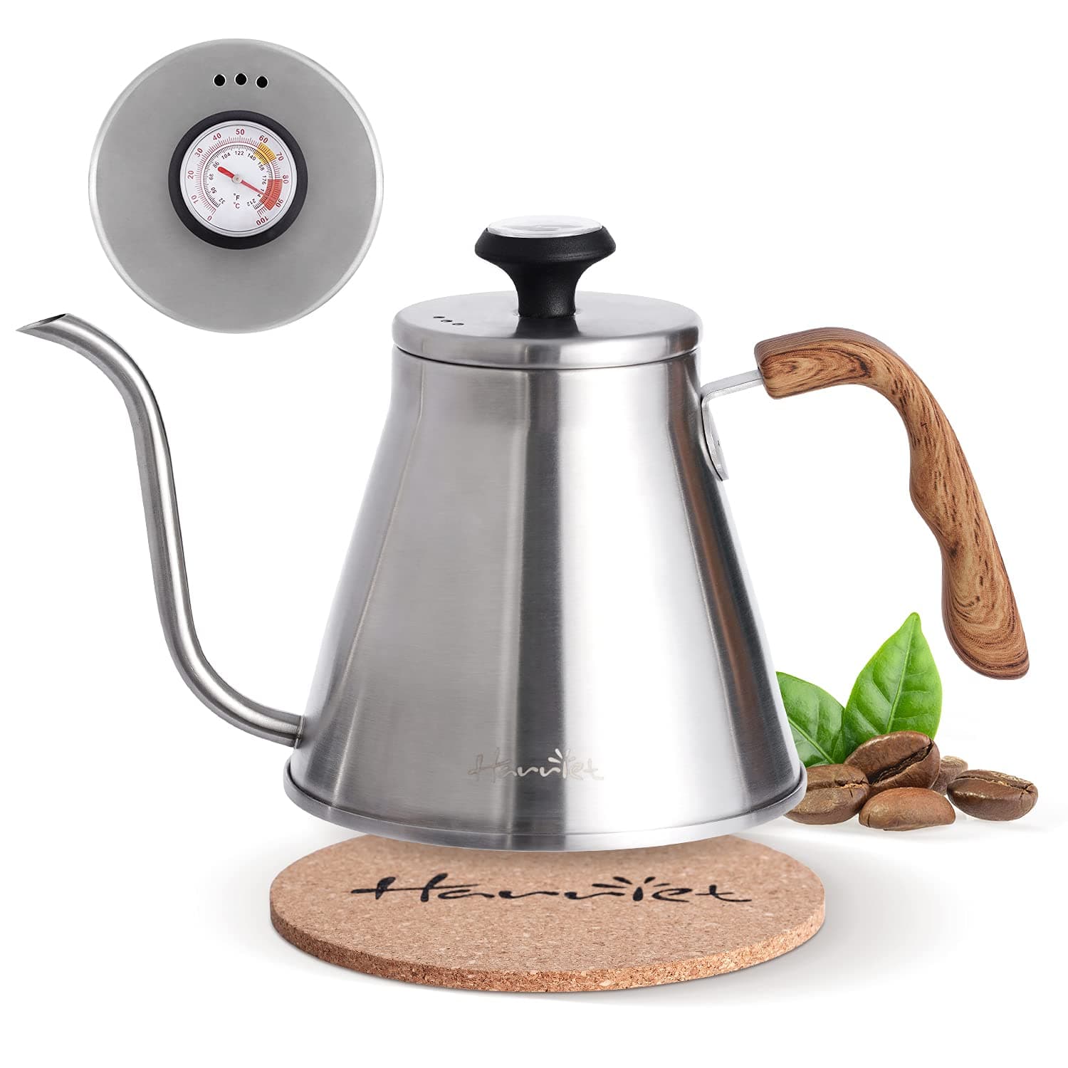 Harriet Gooseneck Kettle with Thermometer for Pour Over Coffee and Tea, 37 fl oz, Stainless Steel, Durable 3-Layer Base, Ideal Spout for Precision Pouring, Compatible with all Stove Tops