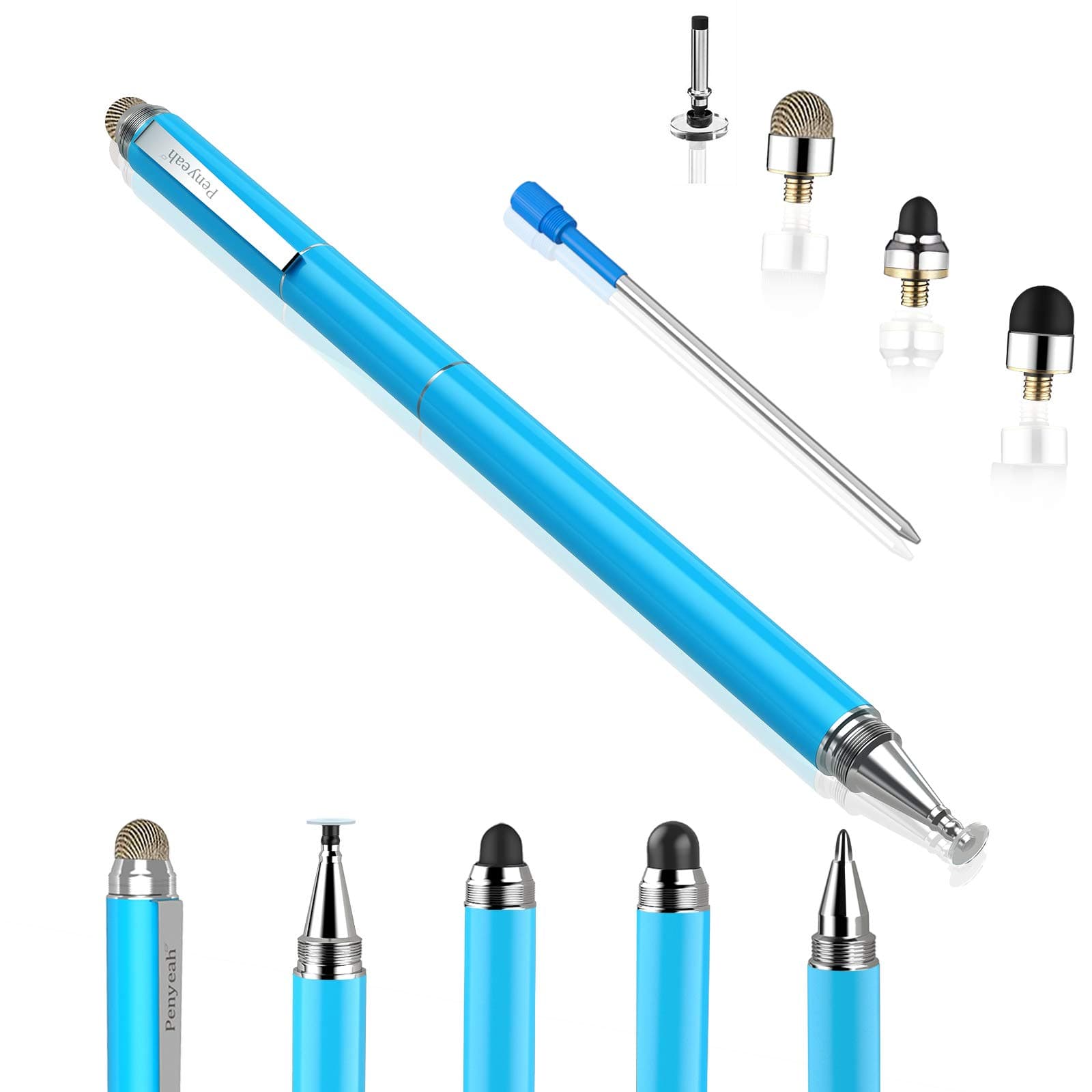 Penyeah Stylus, 4-in-1 Stylus Pen for Touch Screen, High Precision and Sensitivity Disc,Mesh,2 Sized Rubber Tips, Universal for iPhone/iPad/Android/Samsung/HP Tablets All Capacitive Touch Screens-Blue