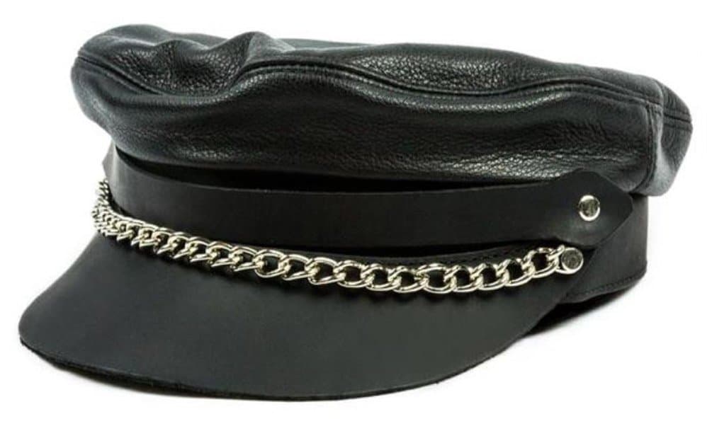 Men's Flat Top Genuine Leather Biker Cap with Chain, Black Leather C58