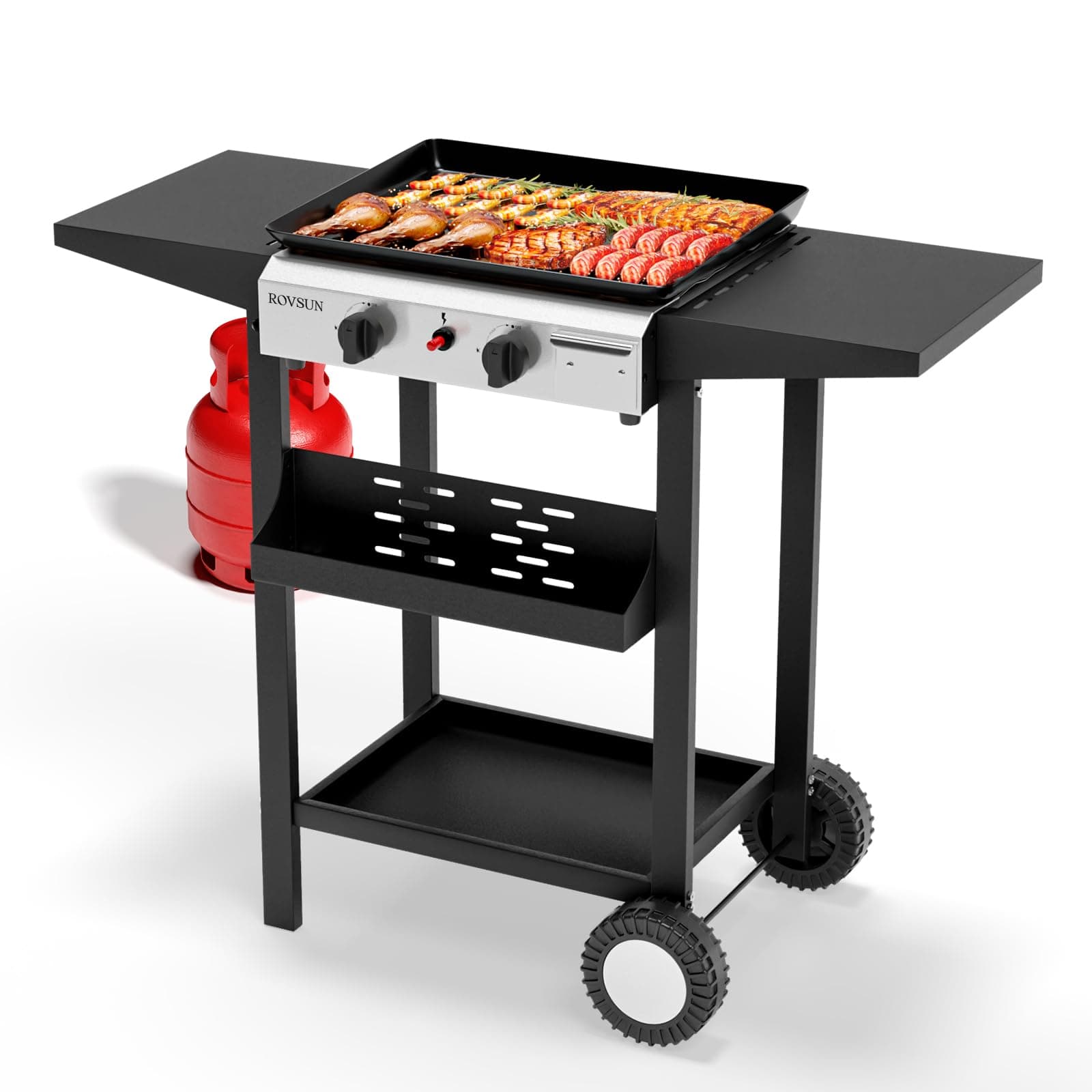 ROVSUN 2 Burner Portable Propane Griddle with Nonstick Enameled Tray, 20000 BTU Rolling Flat Top Gas Grill with Electronic Ignition, Side Shelves & Regulator for Outdoor Cooking Camping BBQ Tailgating