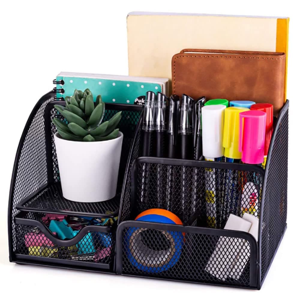 Mesh Desk Organizer Office Supplies Multi-Functional Caddy Pen Holder Stationery Organizer for Office, Home, School, Classroom (6 Compartments and 1 Drawer) (Black - Shape B)