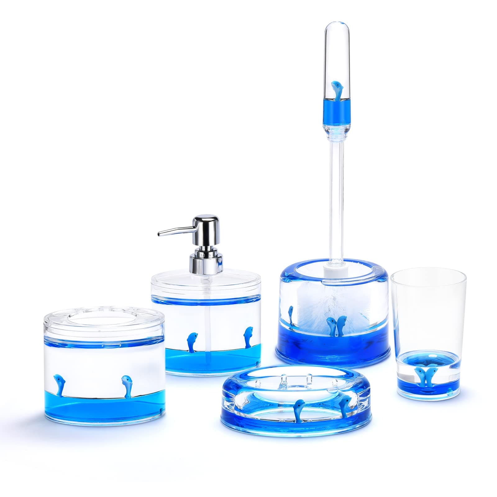 Locco Decor 5 Piece Acrylic Liquid 3D Floating Motion Bathroom Vanity Accessory Set Ocean Cartoon Animal Theme Dolphin Toothbrush Holder, Tumbler, Soap Dispenser, Soap Dish, Toiletbrush Holder Set