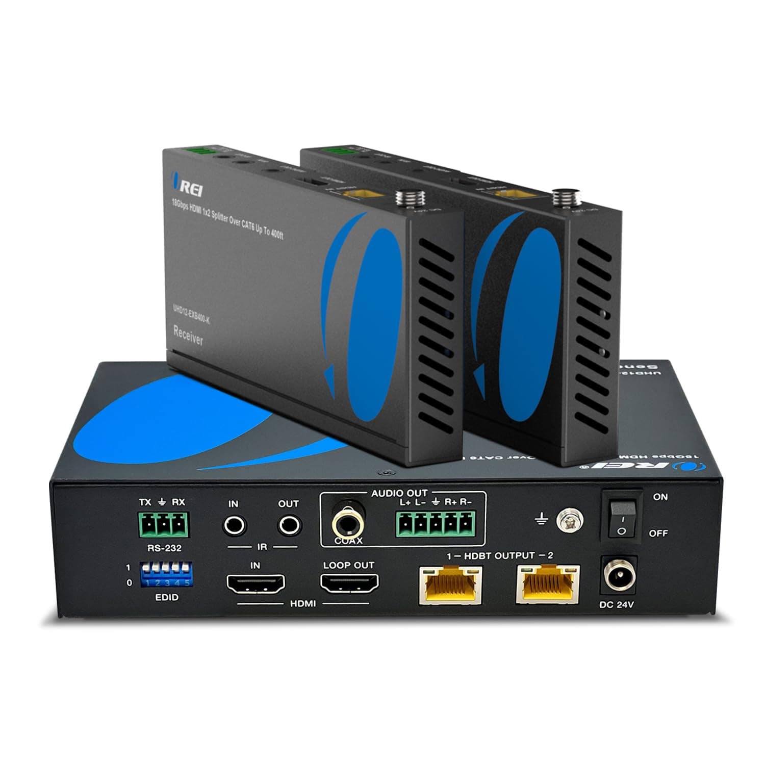 OREI 1x2 HDMI Extender Splitter HDBaseT 4K, Multiple Over Single Cable CAT6/7 4K@60Hz 4:4:4 HDCP 2.2 with IR Remote EDID Management, HDR - Up to 400 Ft - Loop Out - Low Latency (UHD12-EXB400-K)