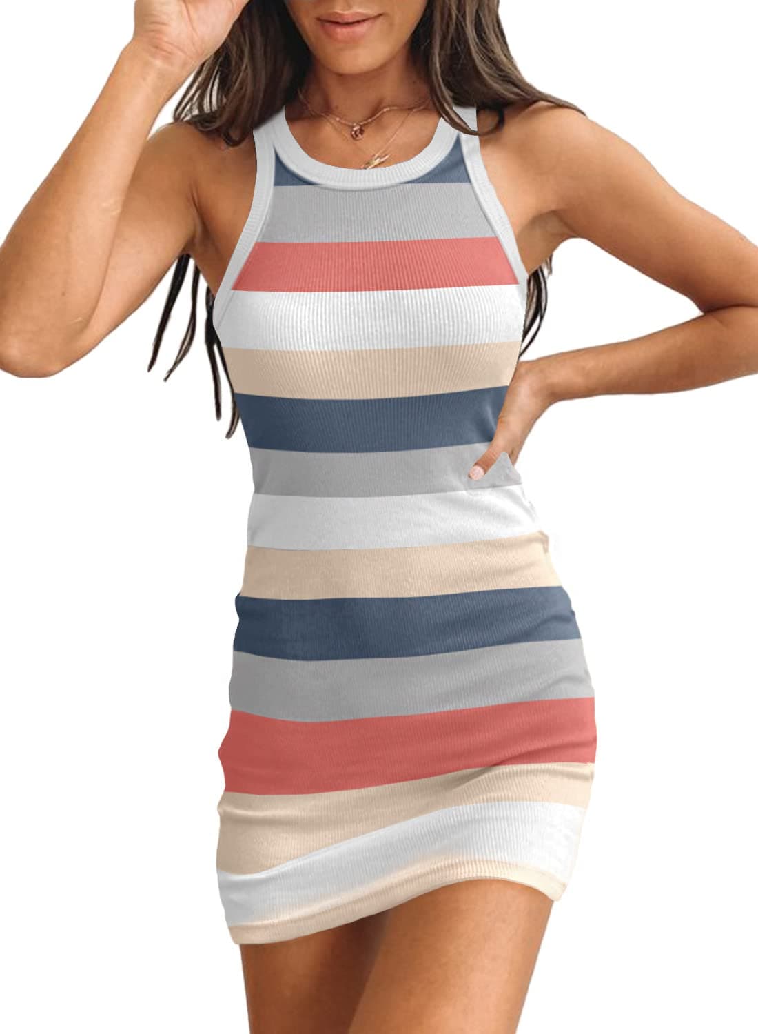 Womens Ribbed Scoop Neck Sleeveless Tank Dresses Basic Bodycon Mini Dress