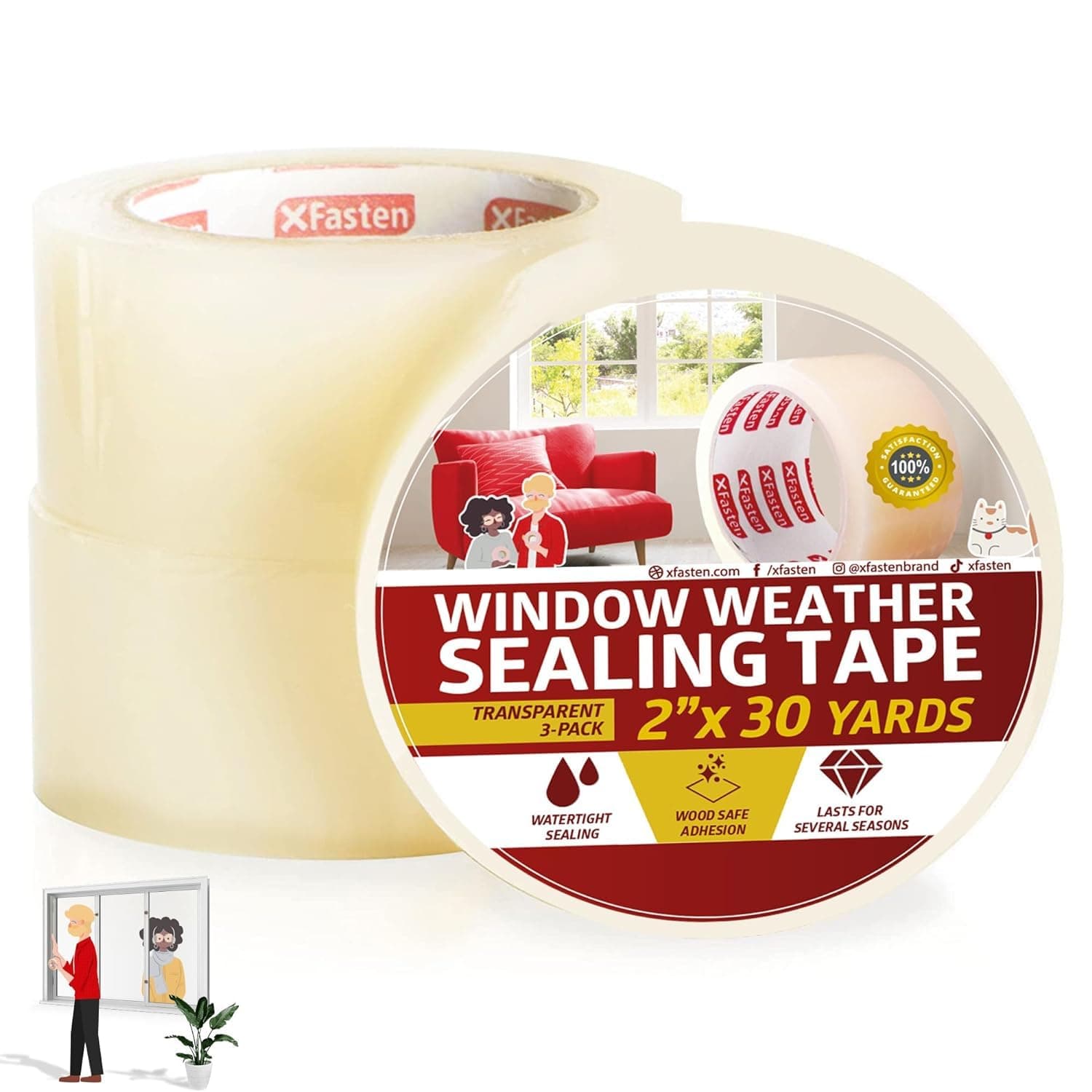 Transparent Window Weather Stripping Tape 2”x30yds (3-Pack Total 90yds), No Residue Insulation Tape for Windows and Doors, Winter Window Seal