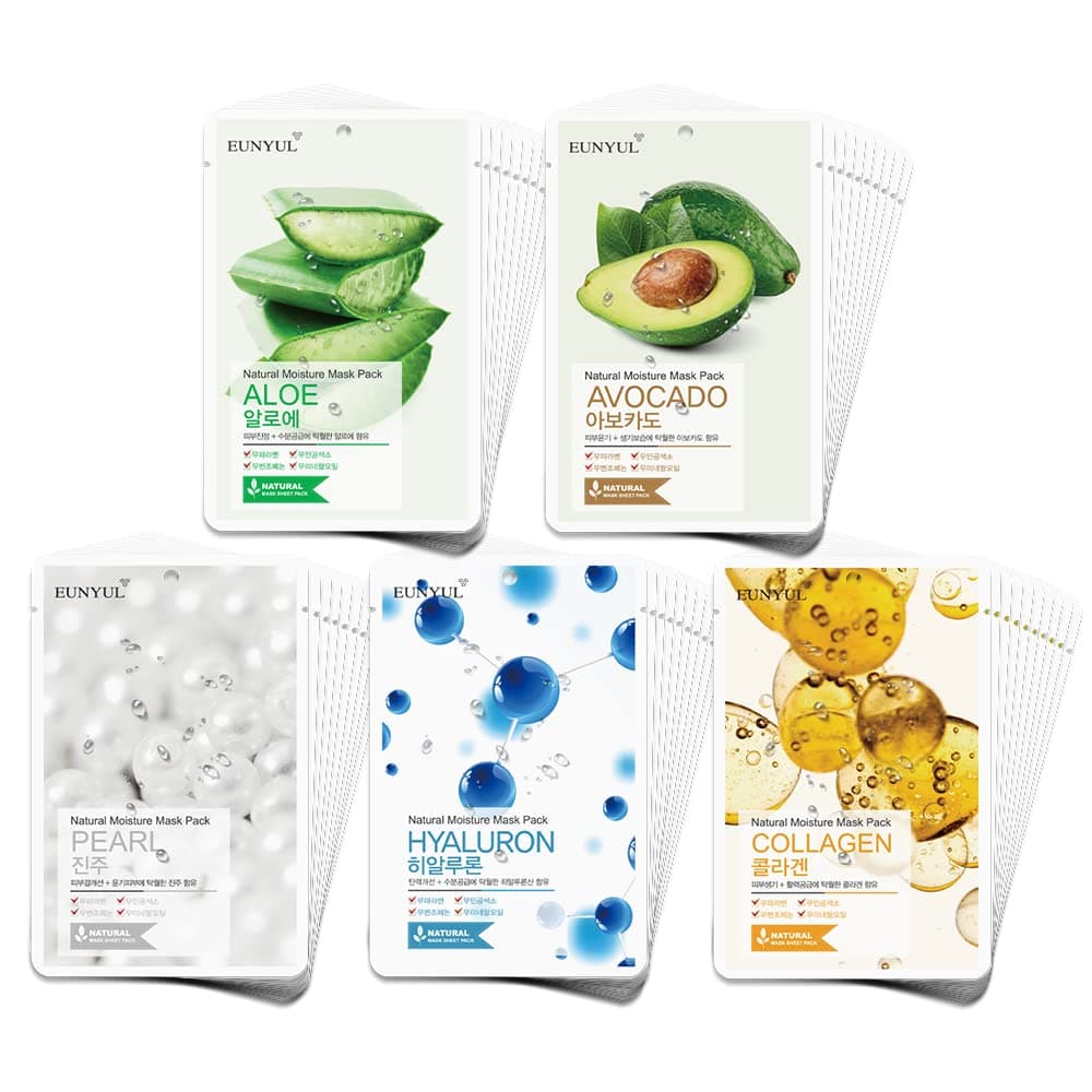 Natural Mask Sheet [Pack of 50] - Bulk Value Set, 5 Types x 10 Sheets (Aloe, Collagen, Pearl, Hyaluron, Avocado) - Korean Face Sheet Masks for Daily Skin Care