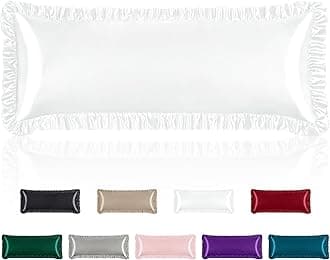 Homiest Ruffle Satin Body Pillow Cover, Silky Satin Body Pillowcase with Envelope Closure, Luxury & Ultra Soft Long Pillow Cases for Hair and Skin, Ruffled Long Pillow Shams (White)