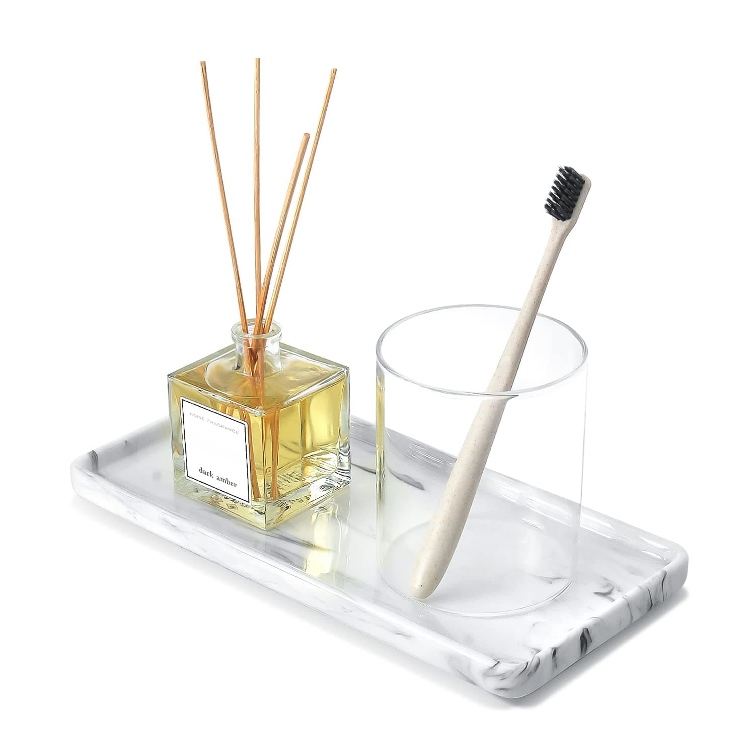 Nucookery 10" Ceramic White Marble Tray for Bathroom Rectangle, Large Vanity Tray, Kitchen Tray Dispenser Organizer, Marble White