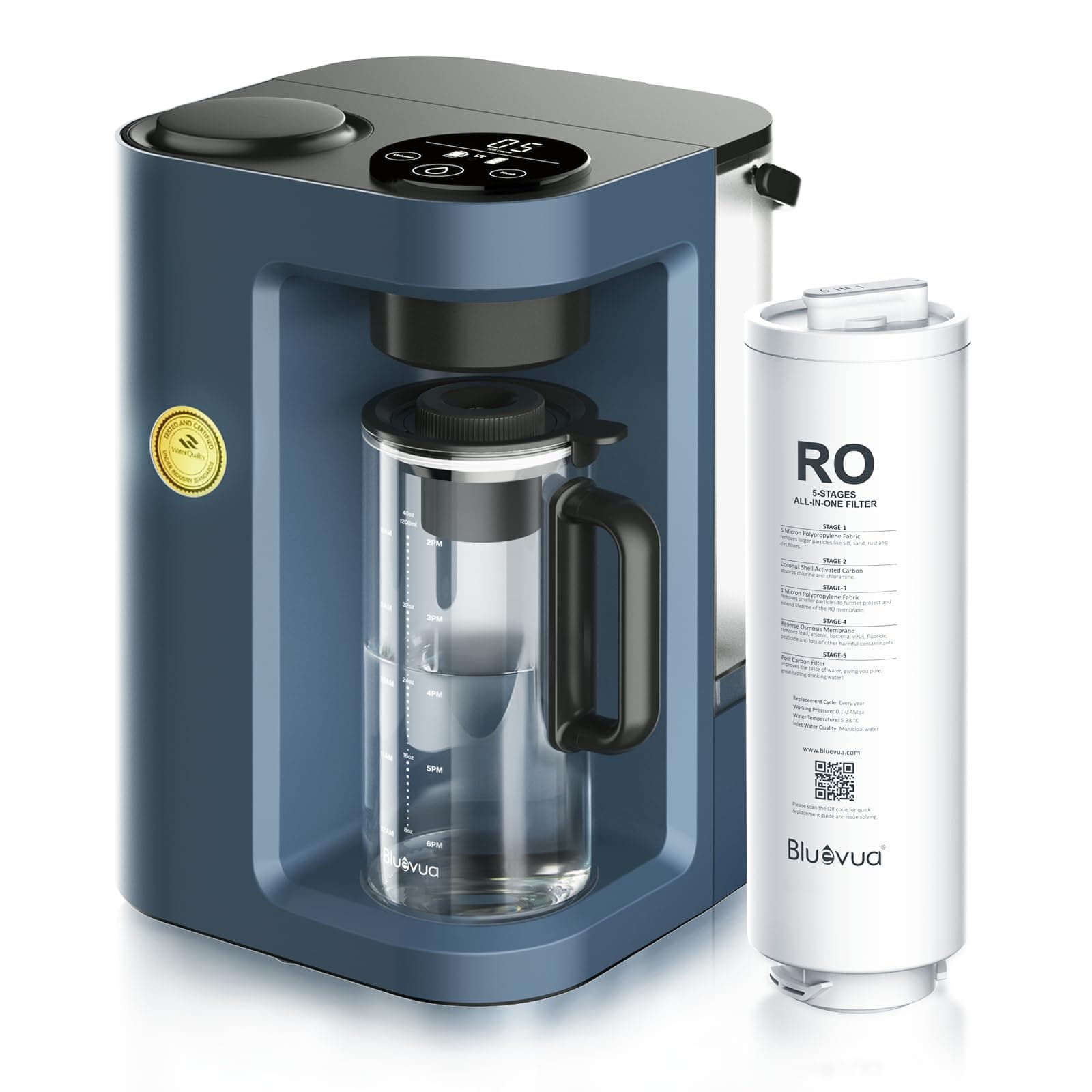 Bluevua RO100ROPOT-LITE Countertop Reverse Osmosis Water Filter System, 5 Stage Purification, 3:1 Pure to Drain, Portable Water Purifier (No Installation Required) (White) (ROPOT-Lite(UV) Blue)