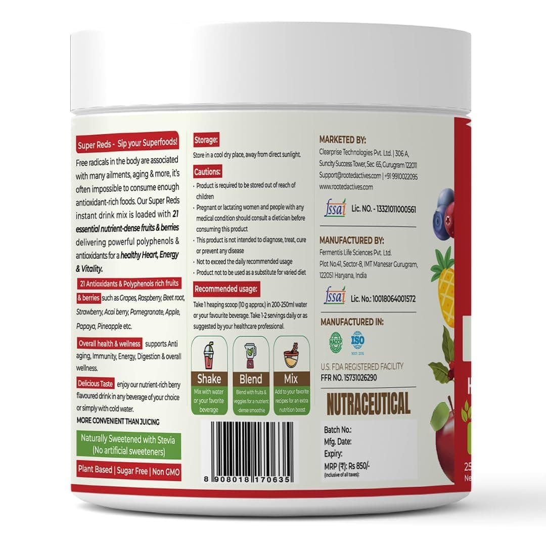 Rooted Active's Super Reds Powder | 21 Superfruits Blend | No Artificial Additives | Vegan, Non-GMO & Gluten-Free | Mix with Water & Smoothies | Pack of 3 | 250g Each