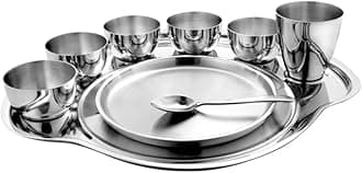 Prabha Stainless Steel Dinner Set of 9 Pcs | Shagun Rajwada Silver Thali Set For Serving |Bhojan Thal Kitchen Dinnerware Set Ideal Gifting Anniversary, Wedding |Durable, Cleanable, Useable, High Grade