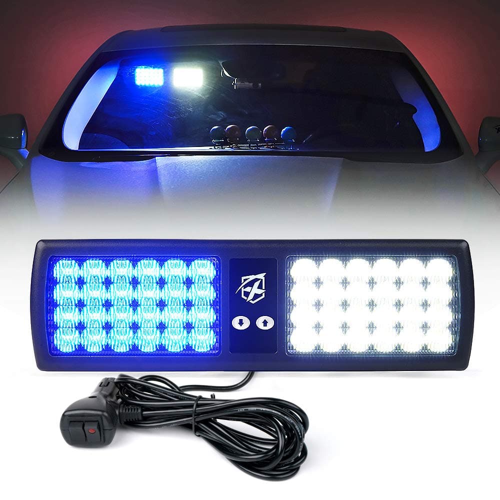 Xprite White & Blue SunShield High Power Emergency Warning Commercial Truck Boat Car 86 LED Strobe SMD 3528 High Power Super Bright Flash Strobe Lights Visor for Maximum Visibility with 12 Flashing Patterns