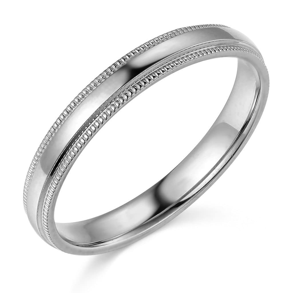 14k White Gold 3mm Plain Milgrain Wedding Band - Size 6