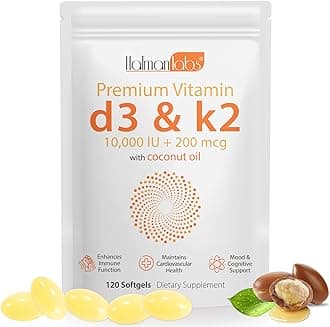 Premium Vitamin D3 & Vitamin K2 (MK-7) Softgels 120 Count Easy-Swallow VIT D3 K2 with Coconut Oil Gluten Free, High Strength Vitamin D3 and K2 Supplements