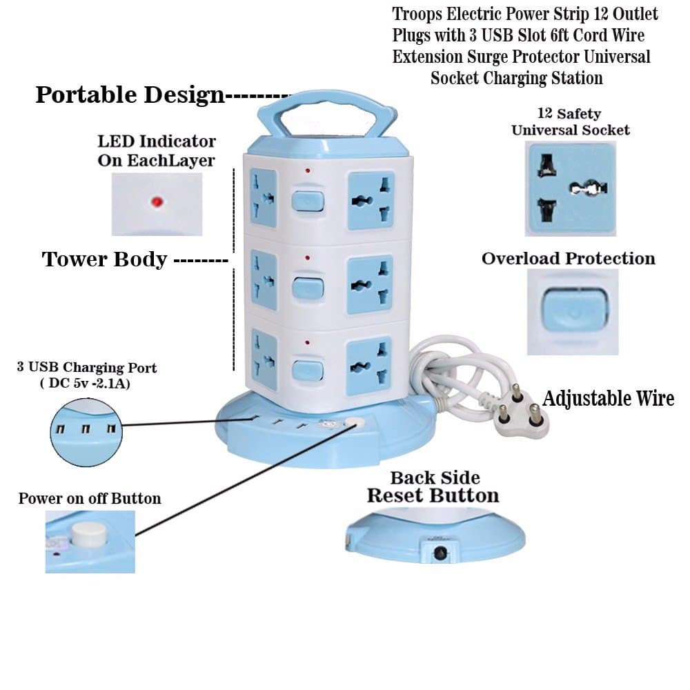 Troops Tower Spike Buster - 3 Floor - 3 USB 12 Socket Surge Protector (White, Blue) (3 Tower)