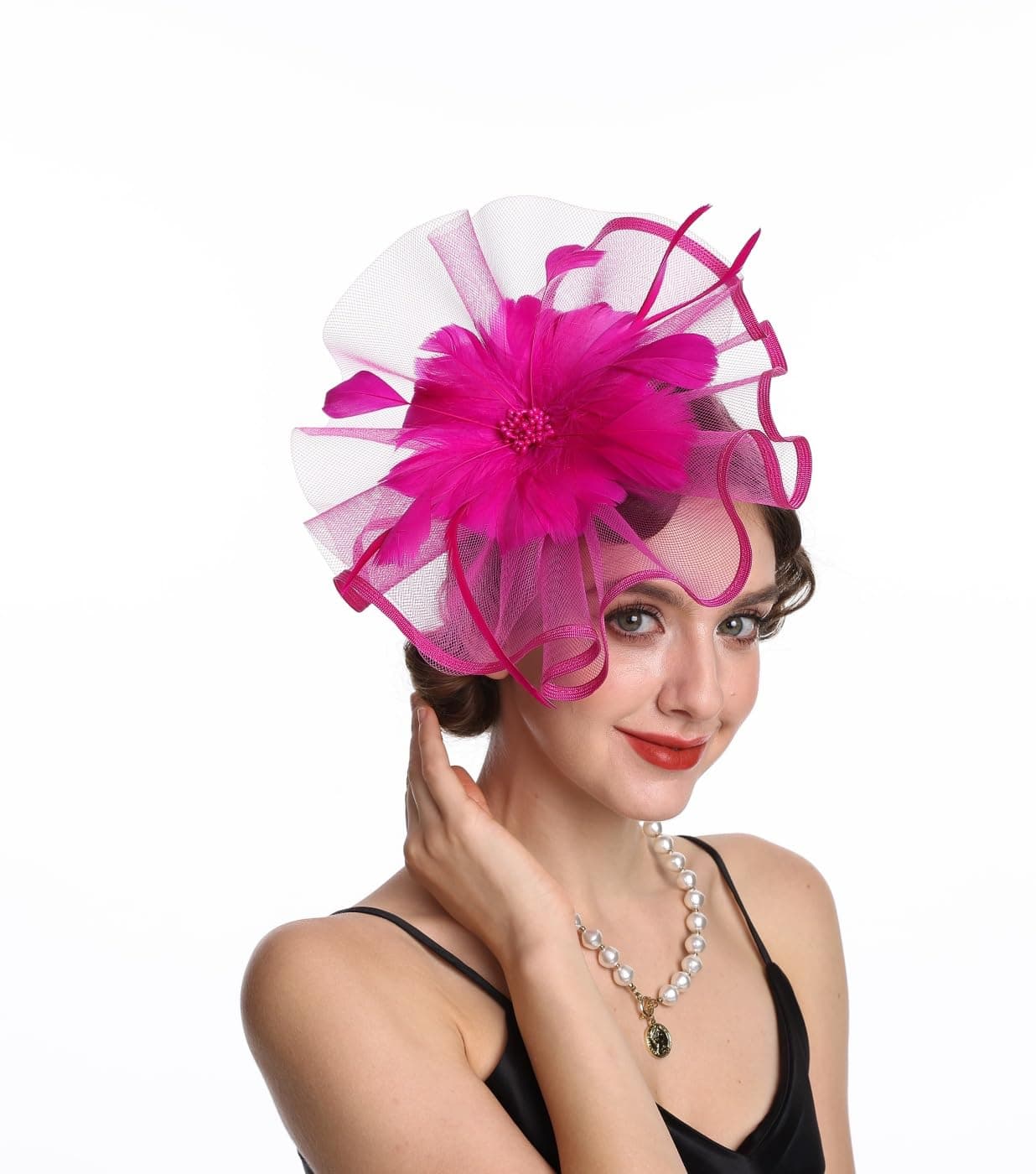 Fascinator Hat Feather Mesh Net Veil Party Hat Ascot Hats Flower Derby Hat with Clip and Hairband for Women