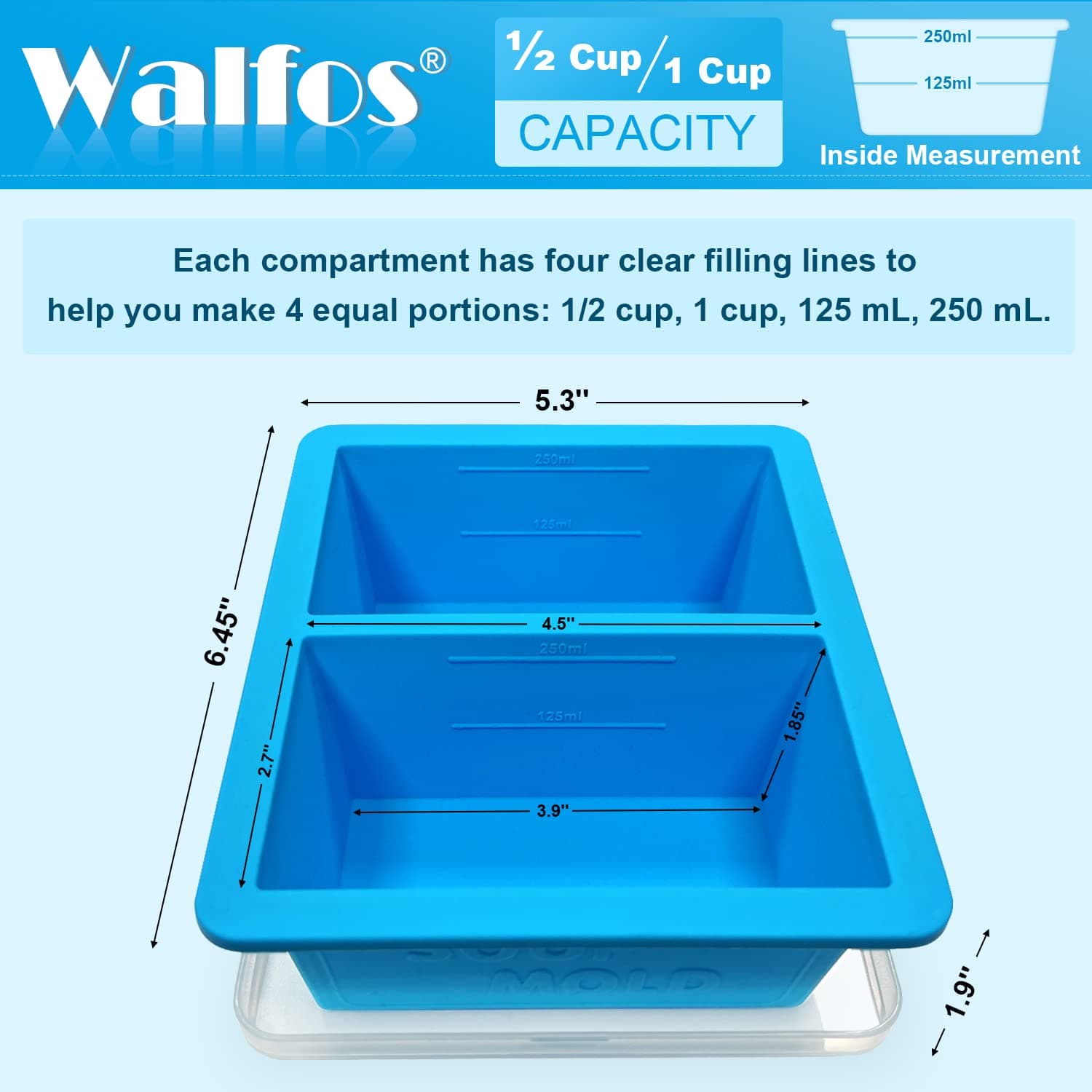 Walfos Extra-Large Silicone Freezing Tray with Lid, 1-Cup Freezer Tray for Soup, Silicone Soup Freezer Container For Storing and Freezing Soup, Broth, Sauce and Ice, 2 Pack