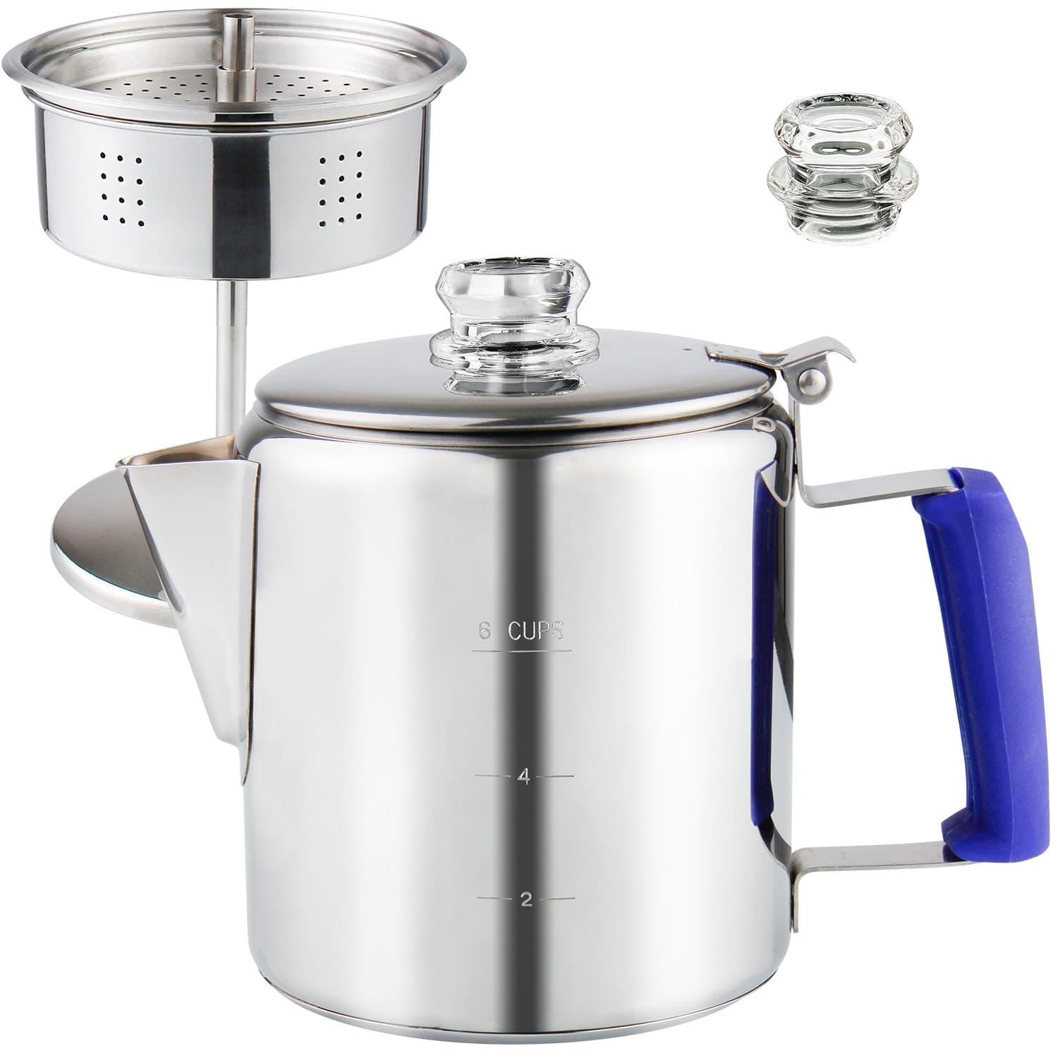 Multi Use Percolator Coffee Pot Stainless Steel Stove Top Coffee Maker with Two Tough Borosilicate Glass Knob Silica Handle Camping Coffee Pot Using on Campfire Stove & Induction Cooker Silver 6 Cup