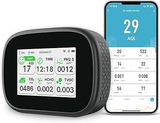 18-in-1 Smart Air Quality Monitor - Indoor WiFi Air Quality Detector with Dual Chip, Real-Time for AQI, CO2, PM2.5, PM1.0, PM10, TVOC, HCHO, Time Display, Temperature & Humidity with Aler (Black-W)