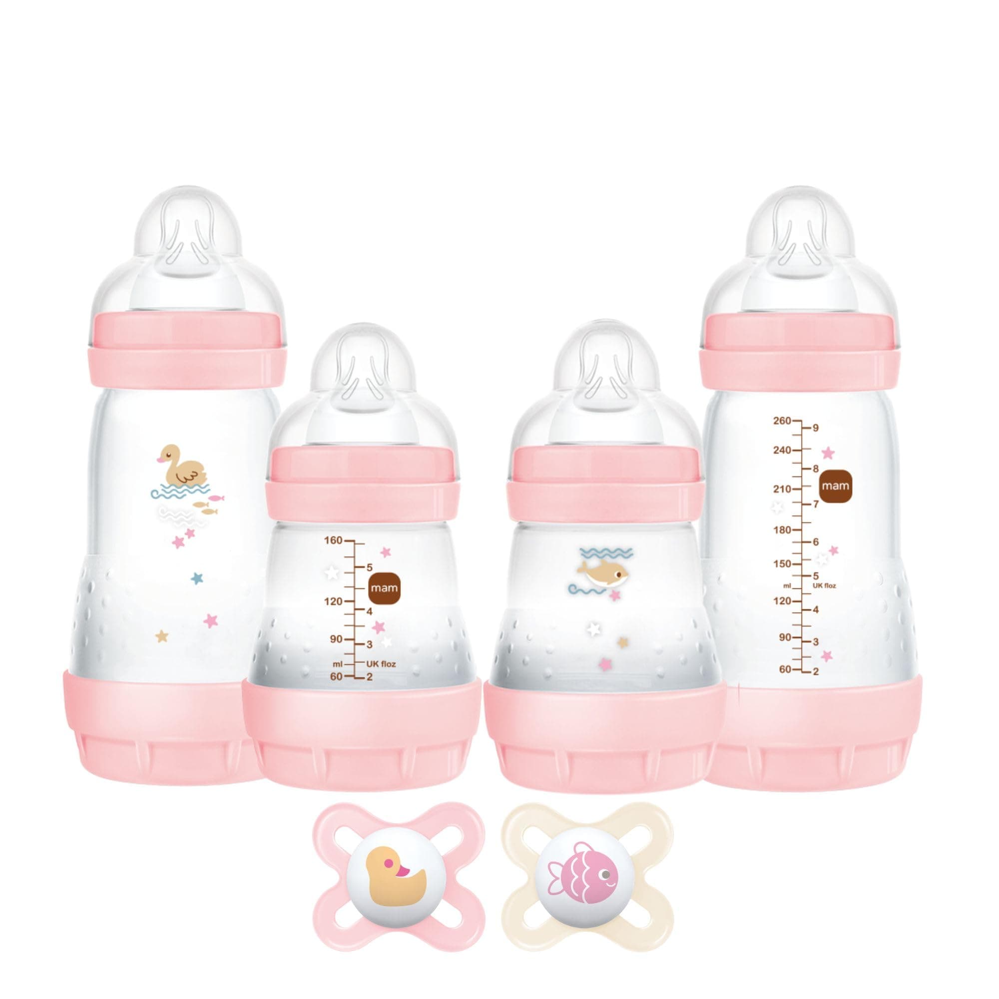 MAM Easy Start Anti-Colic Baby Bottle Starter Set – 4 Self Sterilizing Bottles (5oz & 9oz) + 2 Newborn Pacifiers Breastfed Baby Feeding Gift Set